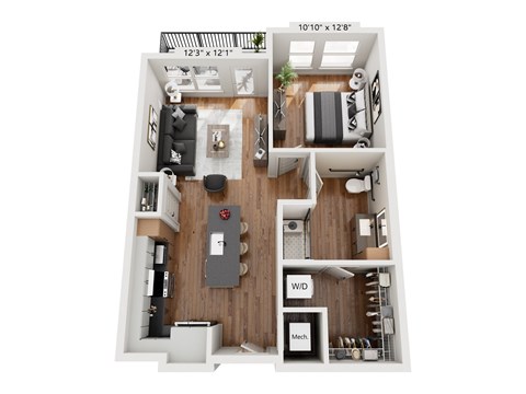 A floor plan of a small apartment with a kitchen, living room, and bathroom.